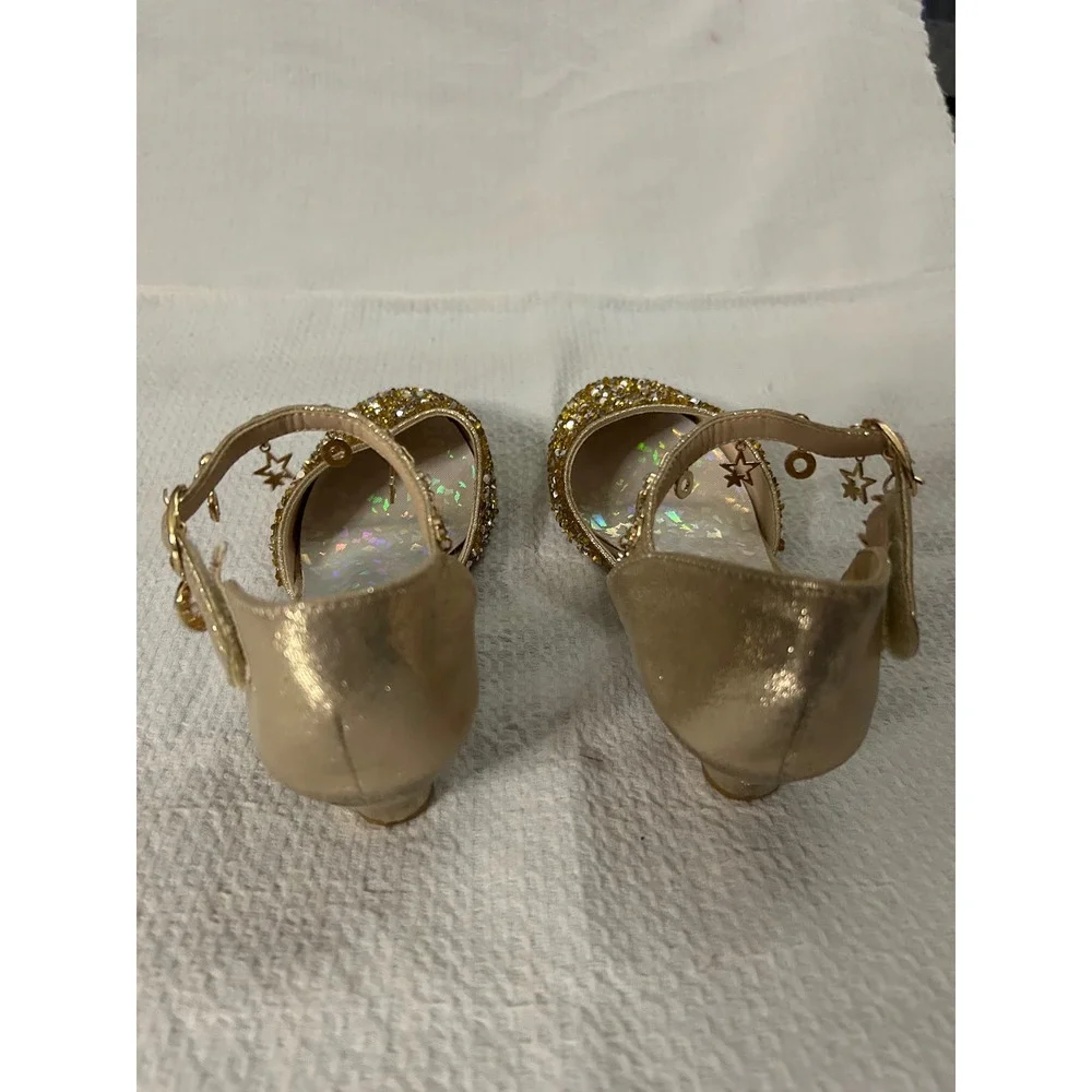 Girls Gold Fairytail Princess Sequin Star Charm Shoes Kitten Heel Pageant Sz3